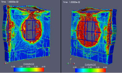 This image, produced by DAAC visualization tools for the Breaching Project, shows the computed damage caused by a high explosive charge on the outer (left) and inner (right) side of a reinforced concrete wall. Though the concrete is damaged, the rebar is still intact.