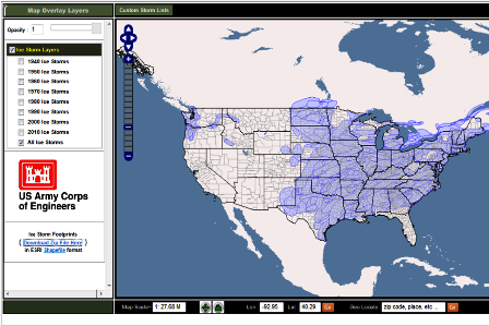 Click image for data - The storm footprints in the GIS delineate the area where ice sensitive structures were damaged. e.g., overhead power, phone and cable TV lines, communication towers, and trees. 