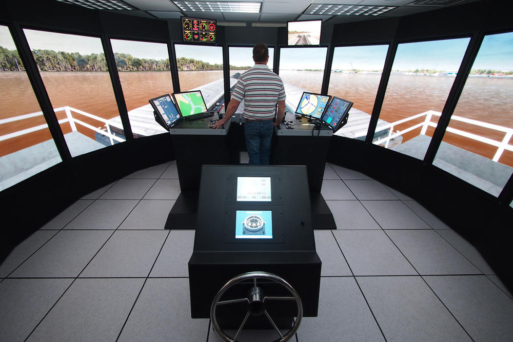 Inside the Ship-Tow Simulator at ERDC’s Coastal and Hydraulics Lab.